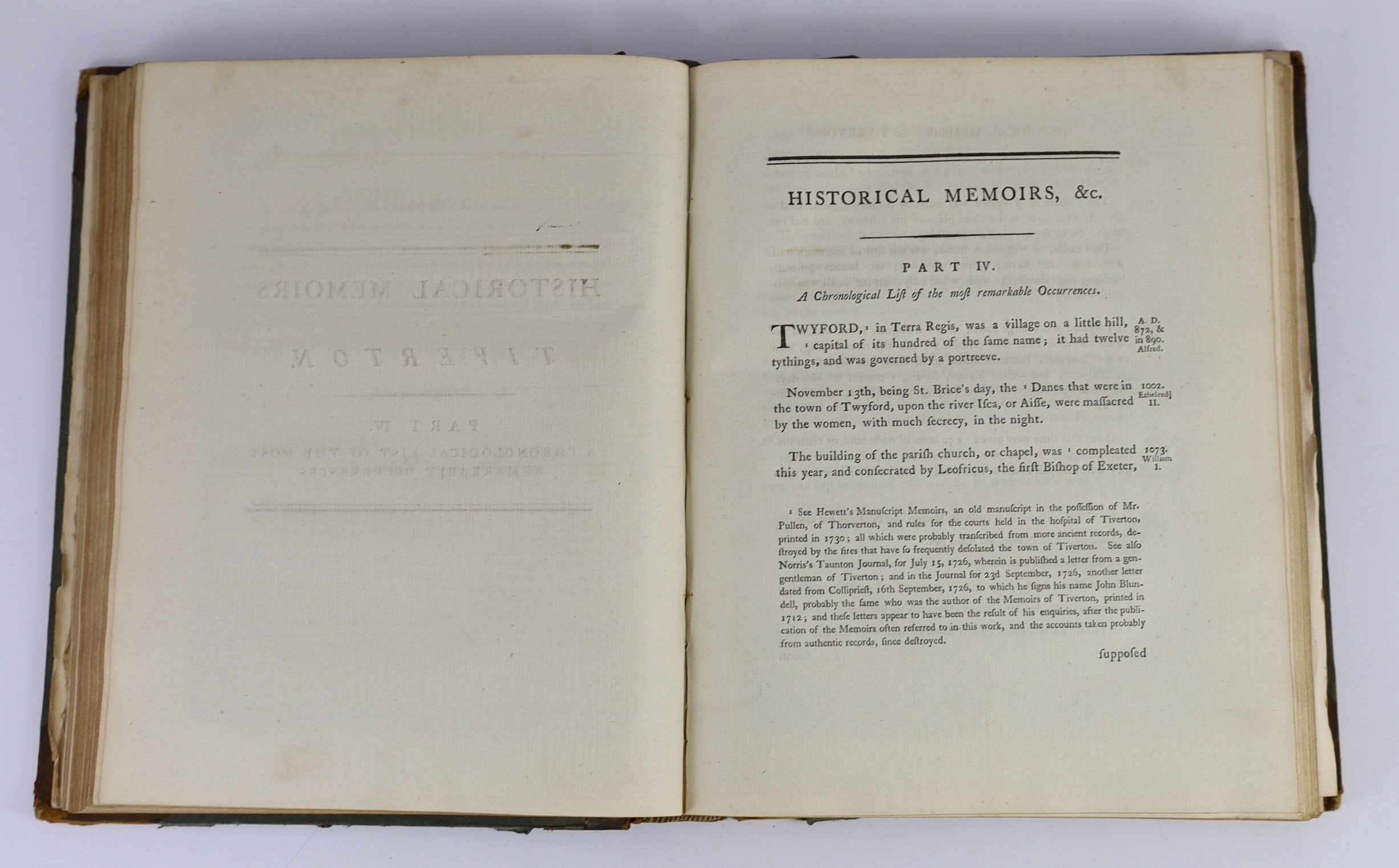 DEVON: Dunsford, Martin - Historical Memoirs of the Tower and Parish of Tiverton, in the County of Devon ... engraved title with pictorial tinted vignette, a map, plan and 3 plates, (lacks the portrait)